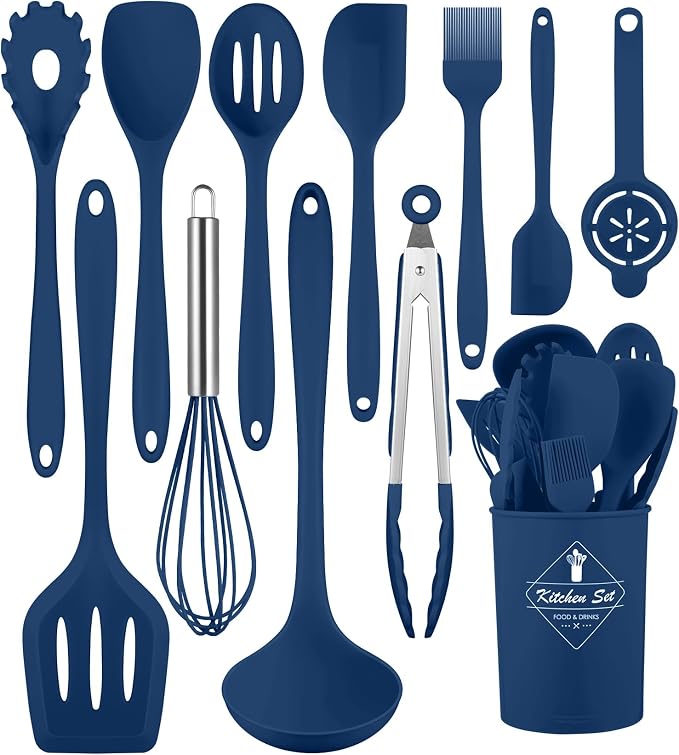 Blue Kitchen Utensils Set-12 Pieces Silicone Cooking Utensils Set | Dishwasher Safe 392°F Heat Resistant Spatula Set Kitchen Utensil Set for Nonstick Cookware,Best Kitchen Tools with Holder