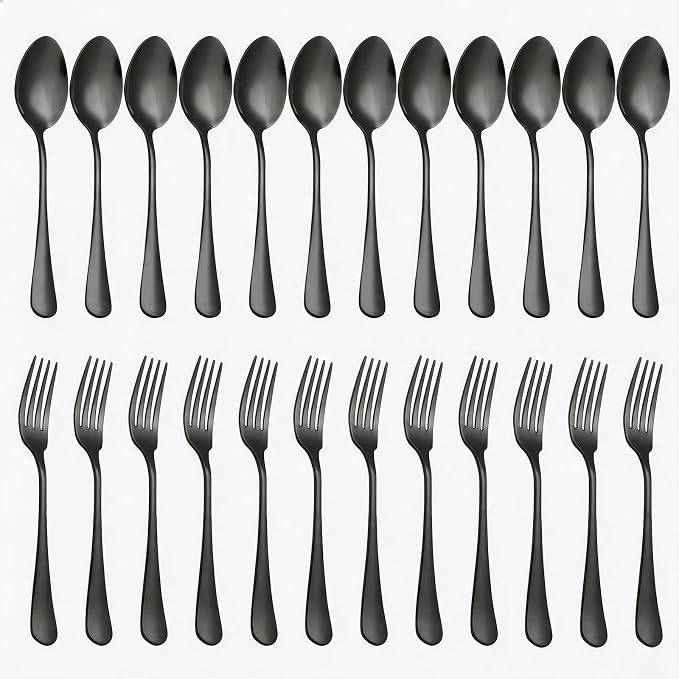 24 Piece Black Forks and Spoons Silverware Set for 12, Food Grade Stainless Steel Dinner Forks and Spoons(6.7 Inch) Black Silverware Set, Heavy-Duty Cutlery Set, Dishwasher Safe