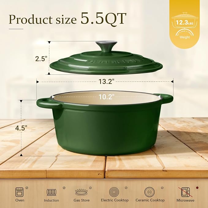 Overmont Enameled Cast Iron Dutch Oven - 5.5QT Pot with Lid Cookbook & Cotton Potholders - Heavy-Duty Cookware for Braising, Stews, Roasting, Sourdough Baking Glossy Green