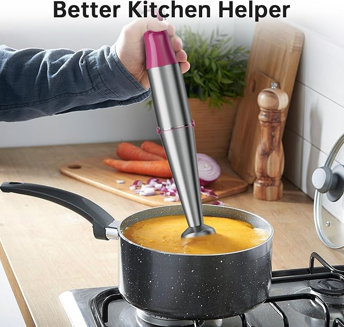 Turelar Immersion Blender Handheld Corded Hand Blenders Set 1100W, Trigger Variable Speed 5 in 1 Stick Emulsifier with Chopper, Whisk and Frother for Soup, Baby Food and Smoothies, Rose Red