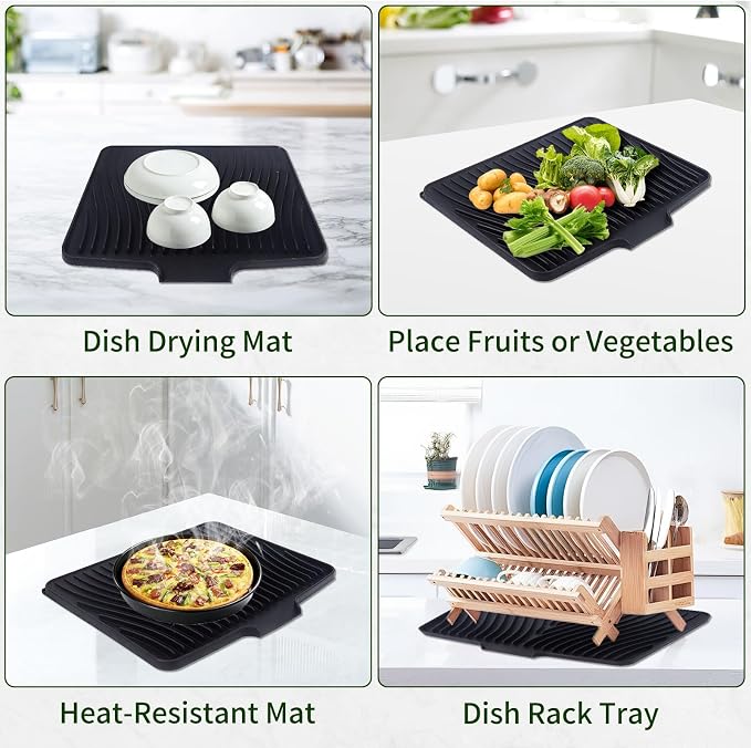 Silicone Dish Drying Mat for Kitchen Counter, 16" x 13" Black-1pcs | Heat Resistant & Non-Slip Dish Drain Pad with Built-In Drain, Quick-Dry, Hangable & Roll-Up for Storage，Multi-Functional Use