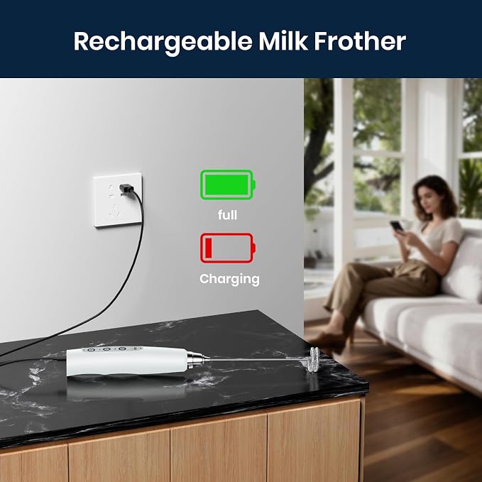 Milk Frother Wand Rechargeable Handheld Electric Whisk 3 Speed Adjustable | Coffee Frother Wand with 3 Stainless Whisks Electric Foam Maker Drink Mixer Blender for Latte Cappuccino Matcha Egg