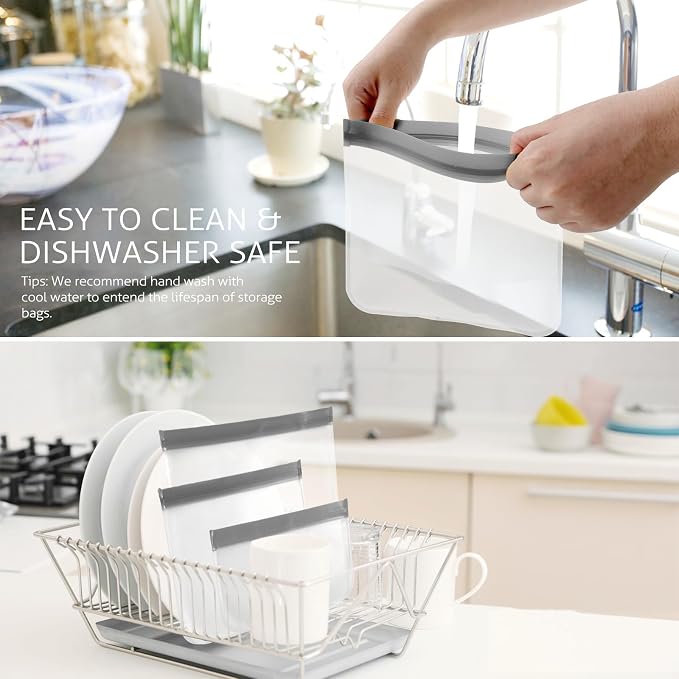 10 Pack Reusable Gallon Freezer Bags, Grey | Dishwasher Safe Silicone Food Snack Storage Bags with 3 Sizes for Snack, Sandwich, Lunch