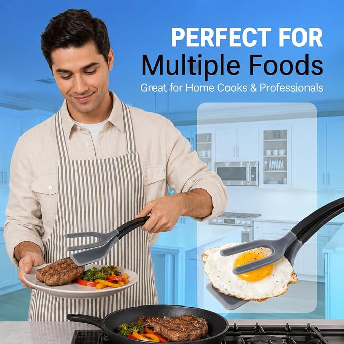 Silicone Egg Flipper Spatula Tongs (Set of 1) – Non-Stick 2-in-1 Grip & Flip Kitchen Tongs for Pancakes, Fish, Eggs, and More – Heat Resistant Cooking Tool (Black)
