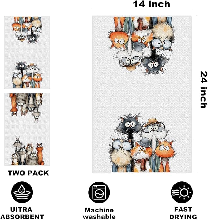 2 Pcs Cute Cat Kitchen Towels, Funny Cats Gifts Absorbent Hand Towels-03 | Cat Dish Cloths for Drying Dishes, Cats Waffle Dish Towels for Kitchen Home Bathroom Decor, Cat Lover Gifts for Women Mom