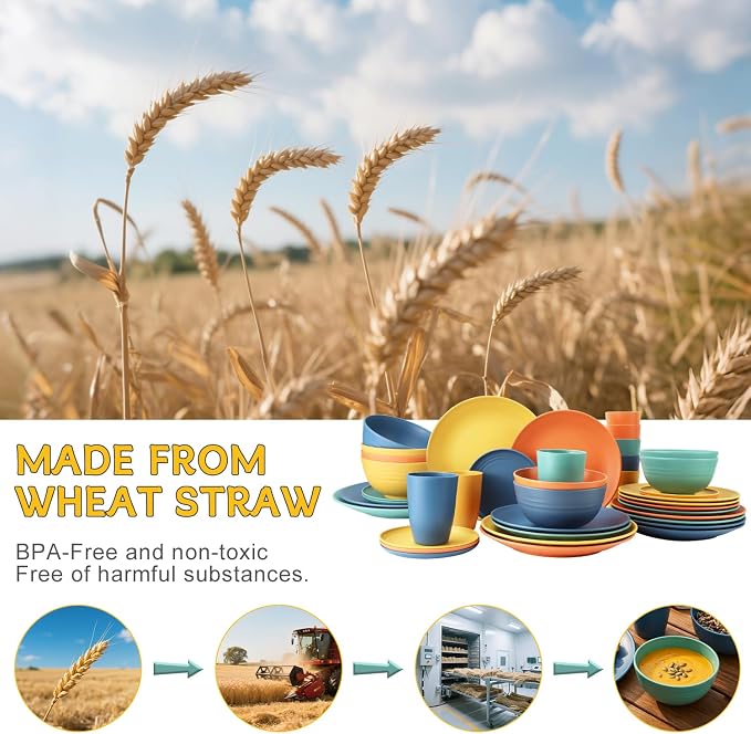 PYRMONT 40 PCS Wheat Straw Plates and Bowls Set Unbreakable Dinnerware Set Dishes for 8-Plate Sets,Cups Set,Microwave & Dishwasher Safe Bowls Set for Party,Family Gathering,RV-Multi