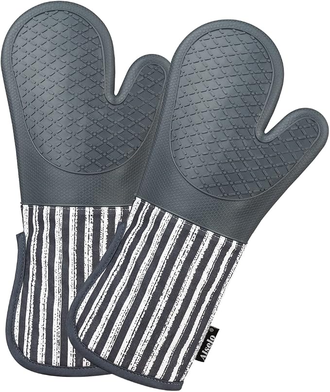 Alselo Silicone Oven Mitts Heat Resistant 932℉ with Waterproof & Non-Slip | Kitchen Mittens Set of 2,Extra Long 7.5"x15" Oven Gloves with Soft Cotton Terry Lining for Baking Cooking BBQ(Grey,2)
