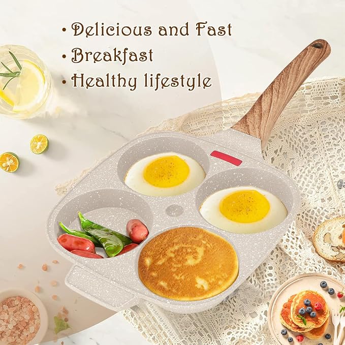 Egg Pan, Egg Frying Pan with Lid Nonstick 4 Cups Pancake Pan Fried Egg Pan for Breakfast, Gas Stove & Induction Compatible (White) | Fried Egg Pan for Breakfast, Gas Stove & Induction Compatible