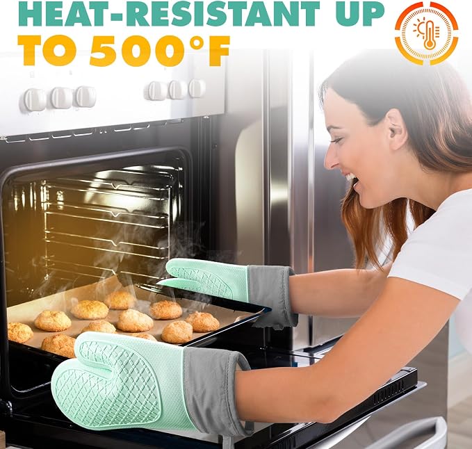 Silicone Oven Mitts (2 PCS), Waterproof Non Slip Grip Oven Gloves with Thick Soft Cotton Lining, Universal Fit Heat Resistant Kitchen Gloves for Baking, BBQ, Cooking and Grilling-Green