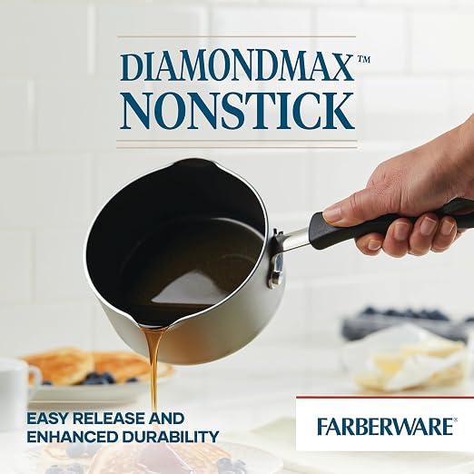 Farberware Cookstart Aluminum DiamondMax Nonstick Straining Saucepan, Kitchen Cookware, 1-Quart, Silver
