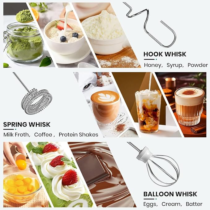 Rechargeable Milk Frother Handheld with 3-Speed & 3 Detachable Stainless Whisks with Stand, Electric Whisk Frother Wand, Mixer Wand for Coffee, Lattes, Cappuccino & Matcha
