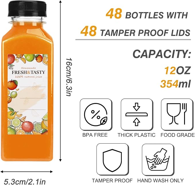 48pcs 12oz Plastic Juice Bottles with Caps, Sticker Labels, Brush | Clear Reusable Juice Containers with Lids and Labels, Funnel, Brush, Beverage Containers for Juicing, Smoothies, Tea, Milk