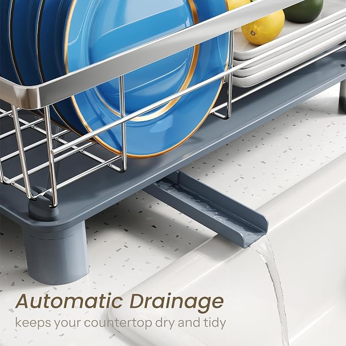SNTD Dish Drying Rack for Small Kitchen Counter, 11" W x 15" L, Silver | Space Saving, Rotating Spout & Angled Drainboard for Quick Drainage, Stainless Steel, Removable Utensil Holder