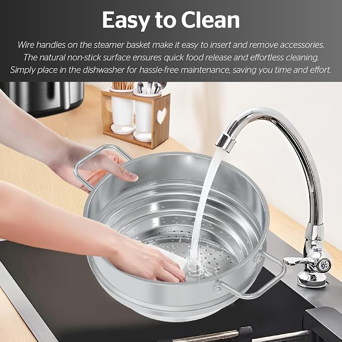 SUNHOUSE 5 QT Stainless Steel Steamer Basket for Pot, Universal Insert | Food & Vegetable Steaming Rack with Glass Lid, Stay-Cool Handles - Fits 8, 8.5, 9.5 Inch Pots - Cestello Vaporera