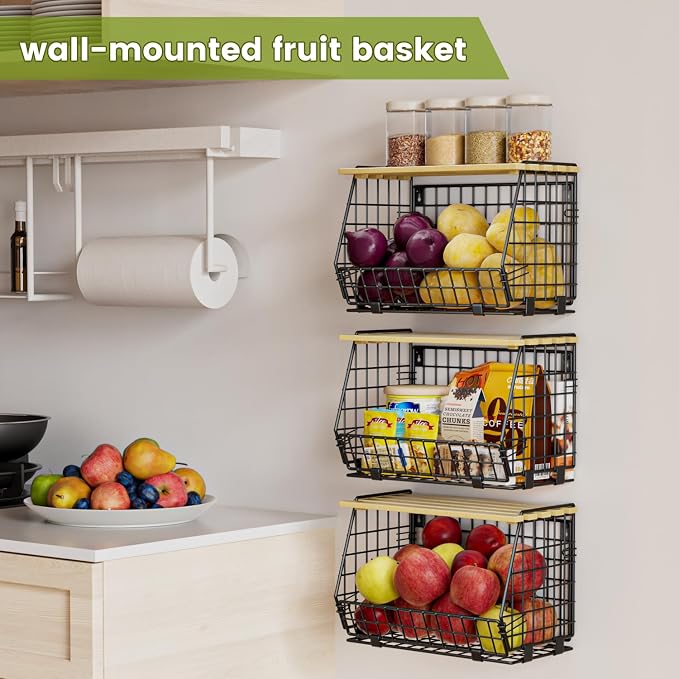Hanging Fruit Basket for Kitchen, 3 Pack Vegetable Produce Basket | Wall Mounted & Countertop Wire Storage Basket for Potato Onion Fruits Vegetables, Pantry Organizers Storage