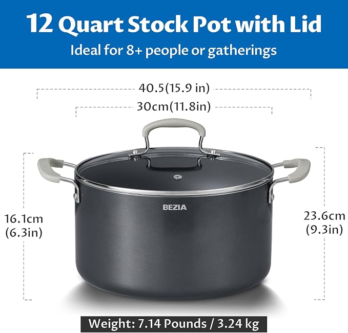 BEZIA 12QT Non Stick Stock Pot with Lid, Ceramic Big Cooking Pot for Soup | Stay-Cool Silicone Handles, Oven Safe & Easy Cleanup, for All Stovetops, for Large Gatherings, Gift Giving & Batch Cooking
