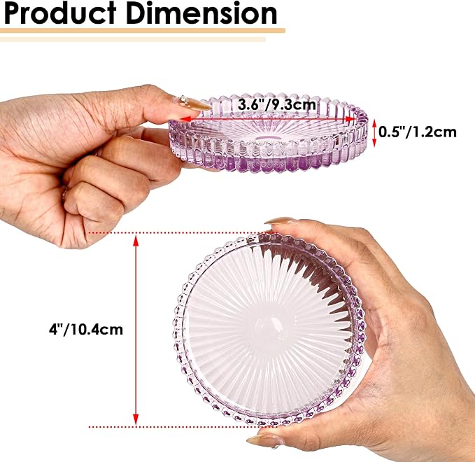 Modern Clear Coaster Set of 5- Glass Coasters for Drinks, Clear Purple | Crystal Coasters Round Cup Mat Coffee Table Decor for Office, Kitchen, Bar, Dining Room, Living Room, Patio