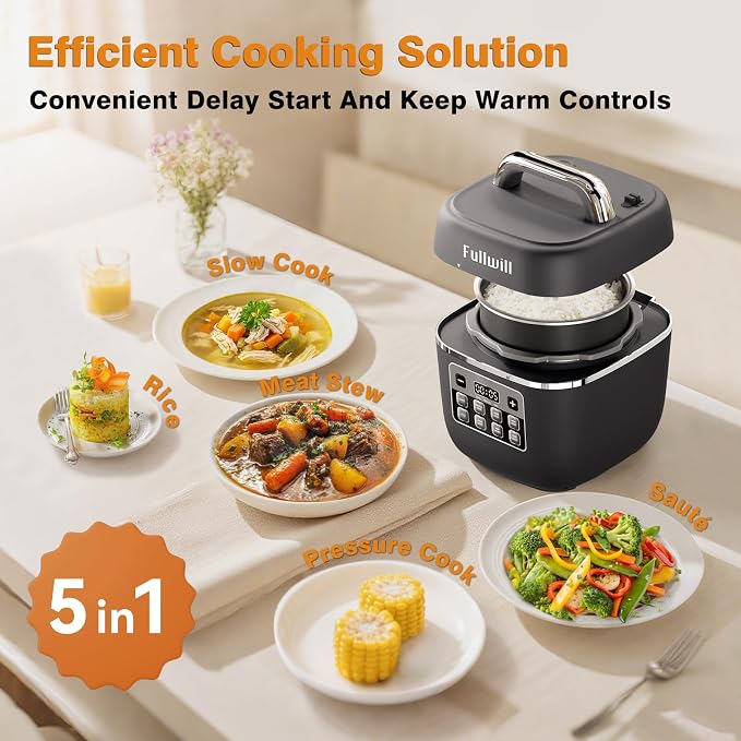 Fullwill Electric Pressure Cooker Lite, Slow Cooker, Rice, Sauté, Warmer, Olla de Presion Nonstick Pot 3 Quarts
