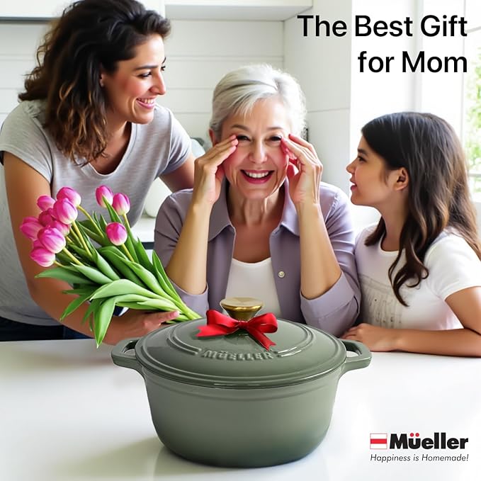 MUELLER HOME 6 Quart Enameled Cast Iron Dutch Oven, Heavy-Duty | For Sourdough Bread Baking, Oven-Safe to 500°F, Across All Cooktops, Casserole Dishes, Green Kitchen Accessories, Thyme Green