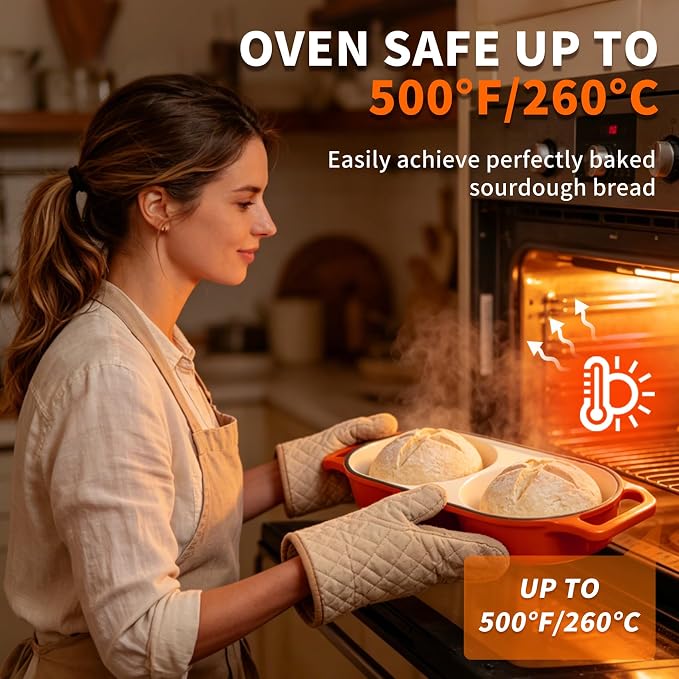 Double Dutch Oven Bread Baker, Enameled Cast Iron 2-in-1 Dual Chamber Sourdough Baker with Lid, Bake 2 Mini Loaves at Once, 500°F Oven Safe, Even Heat, Nonstick Interior for Artisan Bread