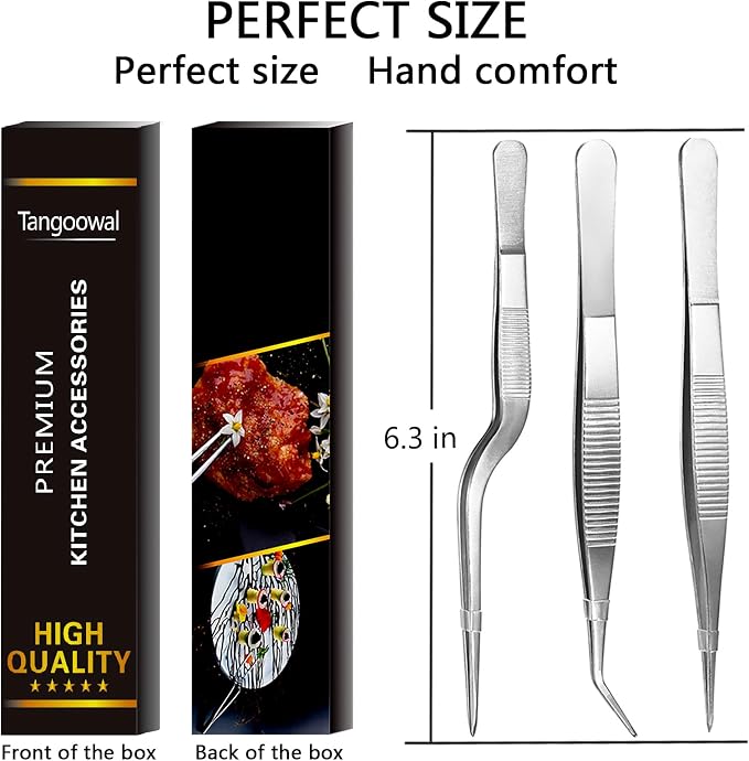 Kitchen Cooking Tweezers Culinary,3 Piece Set Stainless Steel Tweezer Precision Tongs Offset Tip for Cooking Food Design styling(6.3-Inch)