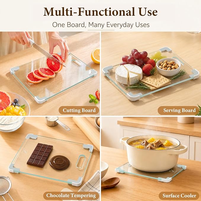 12x8 Clear Tempered Glass Small Cutting Board for Kitchen Countertop | Non-Slip Corner Guards, Shatter-Resistant, Heat Resistant Non-Toxic Board