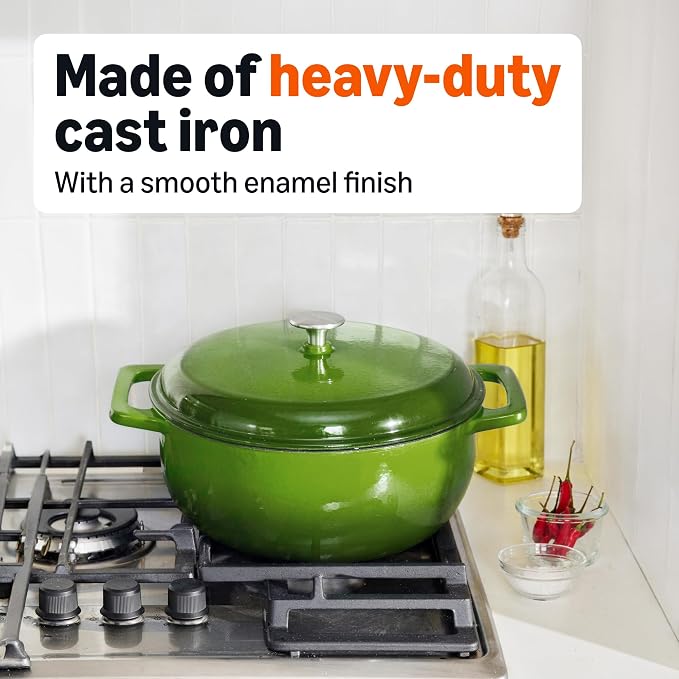 Amazon Basics Enameled Cast Iron Dutch Oven Pot with Lid, Round, Dual Handles, Heavy-Duty, Oven Safe for Stews, Roasting, Baking, 7.3-Quart, Green