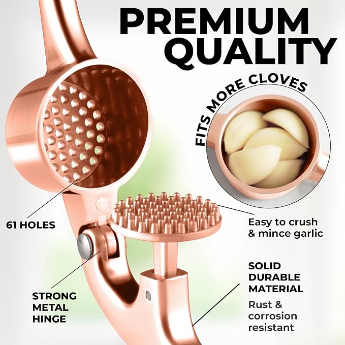 Zulay Kitchen Premium Garlic Press Set - Rust Proof Professional Garlic Mincer Tool - Easy-Squeeze, Easy-Clean with Soft Handle - Silicone Garlic Peeler & Brush (Rose Gold)