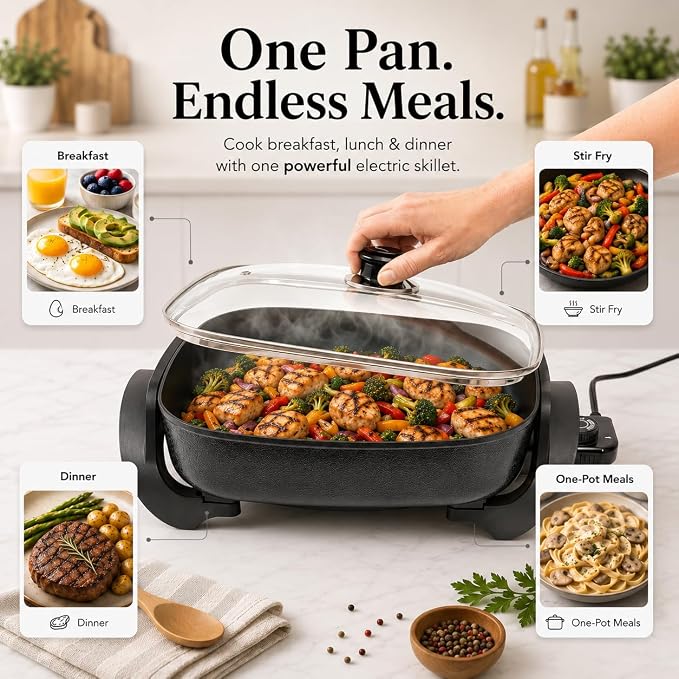 Moss & Stone Square Electric Skillet with Lid, 12-Inch Nonstick Frying Pan | 5 Qt Electric Frying Pan with Adjustable Temperature Control, Vented Glass Lid, Heat-Resistant Handles & Dishwasher Safe