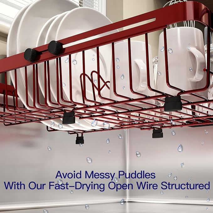 Red Dish Drying Rack Over The Sink with Utensil Holder, Mat | Expandable Stainless Steel Dish Drainer for Small Kitchen, Apartment, RV, Counter Space Saving, Perfect Fit, Rustproof