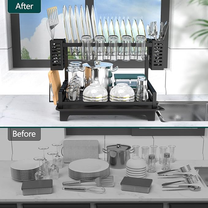 Dish Drying Rack: 2 Tier Dish Racks for Kitchen Counter and Sink | Large Dish Drying Rack with Drainboard & Utensil Holders - Stainless Steel Dish Drainers Kitchen Organization and Storage