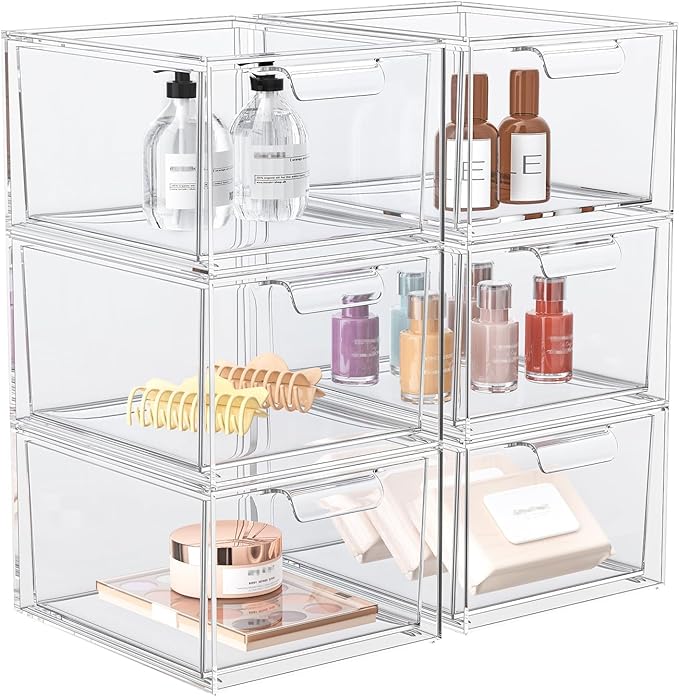 6 Pack Stackable Acrylic Makeup Organizer, Clear Storage Drawers | Clear Plastic Drawer Organizers with Handles for Vanity, Bathroom, Bedroom, Cosmetics, Jewelry and Home Storage