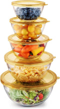 Cuiselect 5pc Glass Mixing Bowls with Lids Set (4.65QT, 2.80QT, 1.64QT, 1.16QT, 0.85QT), Nesting Salad Bowl, Glass Mixing Bowl for Cooking, Baking, Prepping-Dishwasher Microwave Freezer Safe(Brown)