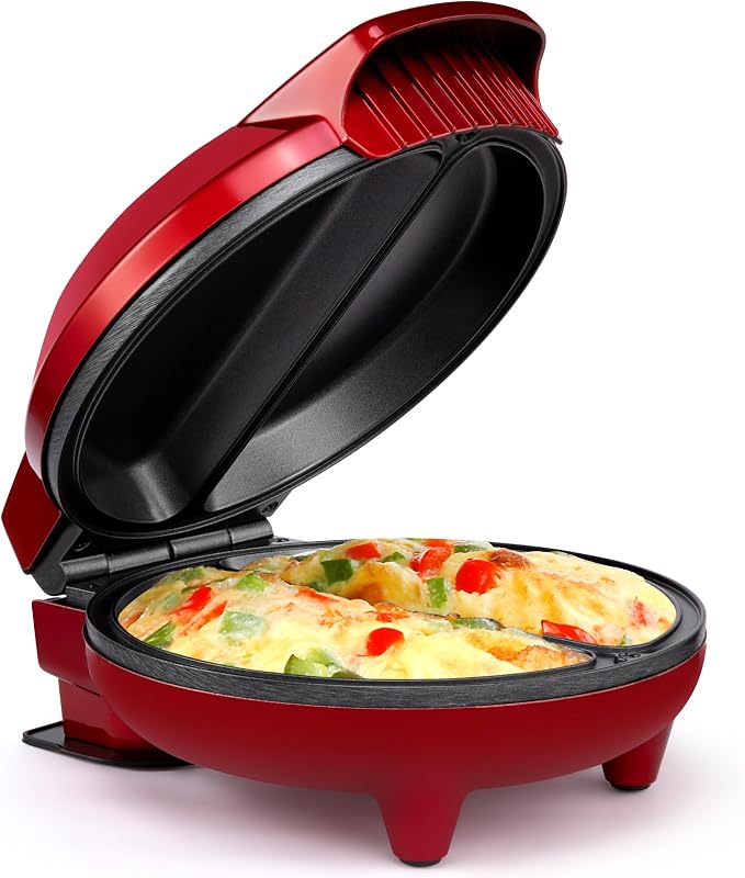 Holstein Housewares Stainless Steel 2 Section Omelet & Frittata Maker, Non Stick Coating, Easy To Clean, Indicator Lights, Compact Storage, Versatile Recipes in Minutes. 2 Portions, Metallic Red