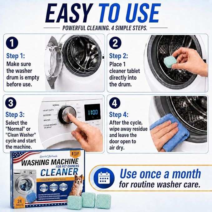 24 Pack Washing Machine Cleaner Tablets – Special Formula for Pet Owners, Remove Cat & Dog Hair, Dissolve Stubborn Dirt, Eliminate Pet Odor, Compatible with Top & Front Load, HE Washers, 1 Year Supply