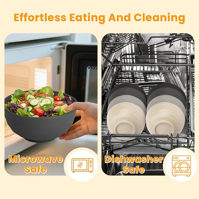 Salad Bowl Wheat Straw Bowls 60 OZ Bowls for Kitchen,Large Bowls for Camping,Travel,Party, Unbreakable Bowls Set of 8,Microwave and Dishwasher Safe Dishes for Cereal,Ramen,Soup-Grey Stone