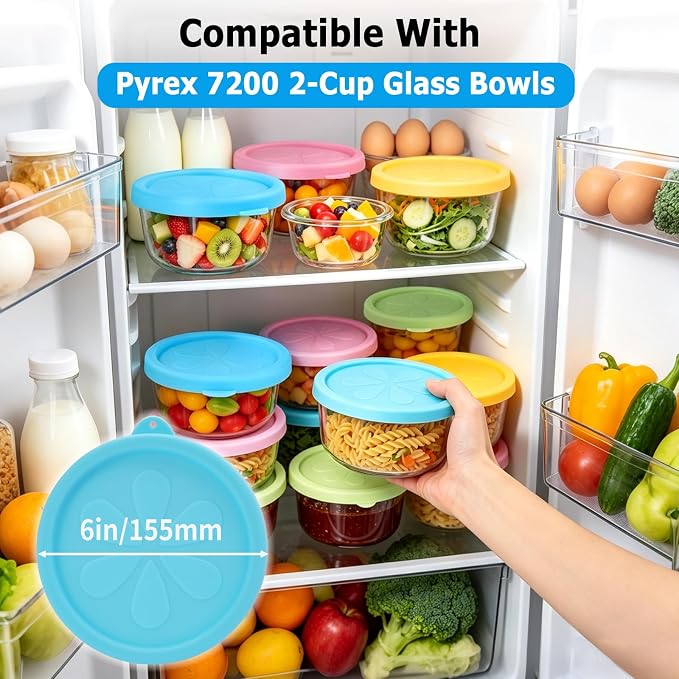 2 Cup Silicone Replacement Lids Compatible with Pyrex 7200-PC Glass Bowls, 4 Pack BPA Free & Leakproof Round Food Storage Covers, Safe for Dishwasher Refrigerator Microwave Use 4 Colors