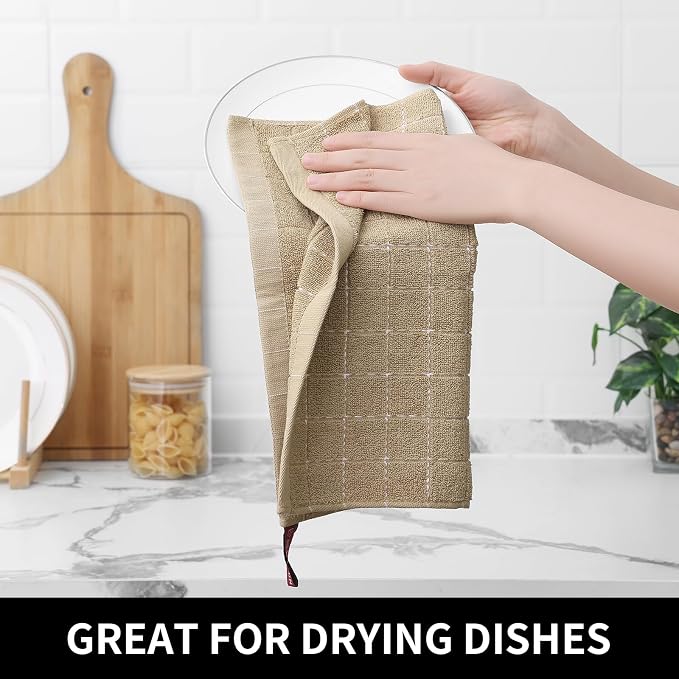 Homaxy 100% Cotton Terry Kitchen Dish Cloths, 8 Pack, Tan | Ultra Soft and Absorbent, Suitable for Drying and Washing Dishes