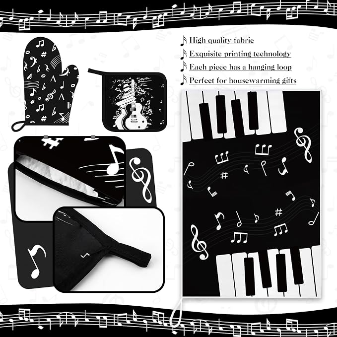 Leinuosen 8 Pcs Music Note Kitchen Decor Accessories Set Farmhouse Towels Oven Mitts Pot Holders Dishcloths Set Kitchen Decorative Absorbent Potholders for Chef Baking Cooking