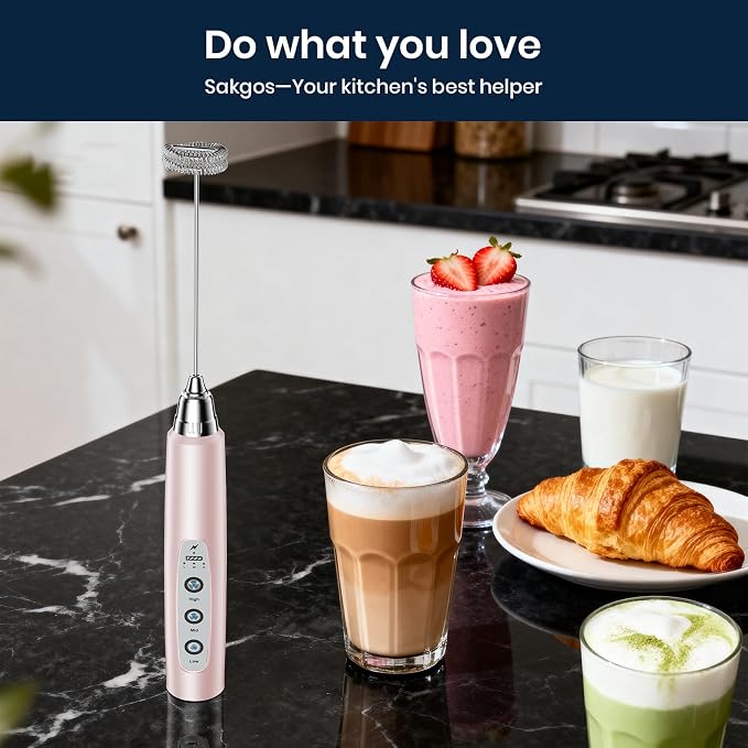Milk Frother Wand Rechargeable Handheld Electric Whisk 3 Speed Adjustable | Coffee Frother Wand with 3 Stainless Whisks Electric Foam Maker Drink Mixer Blender for Latte Cappuccino Matcha Egg