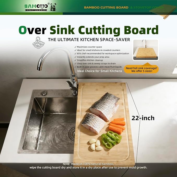 BAMOTTO CRAFTBAMBOO 12.6 x 22 Inch Bamboo Stovetop Cover Cutting Board | Detachable Legs | Detachable Front Lip | Over-the-Sink | Space Saving Kitchen Countertop Long Board