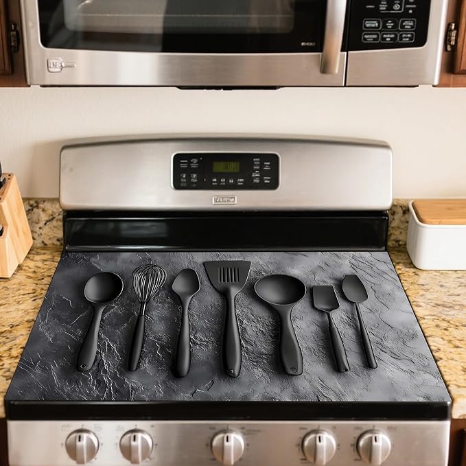 Nuxovilar Stove Top Cover Cooktop Mat 28.3x20.4in Polyester Diatom | Electric Guard Range Countertop Pad Burner Protection Sheet Kitchen Decor Cooking Space Home Accent (Black Utensils)