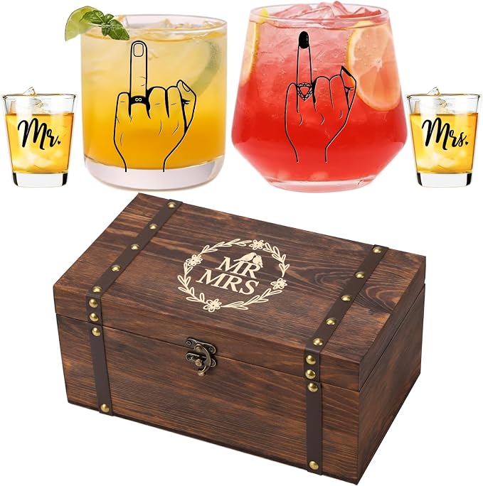 Engagement Gift Set for Couples - Ring Finger Wine Glasses, Personalized Mr and Mrs Shot Glasses & Keepsake Box,Unique Bridal Shower & Wedding Gift for Newly Engaged, Mr & Mrs, Bride and Groom