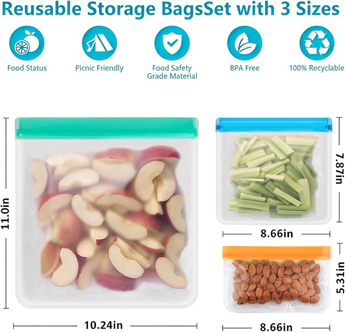 10 Pack Reusable Snack Bags, BPA Free PEVA, Small Snack Size (Multicolor(3 Gallon + 4 Sandwich + 3 Snack))