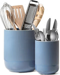 LE TAUCI Utensil Holder for Kitchen Counter, 7.3"+5.4" Fluted Ceramic Utensil Crock Organizer for Countertop, Heavy Large Holder for Spatulas, Spoons, Set of 2, Dusty Blue