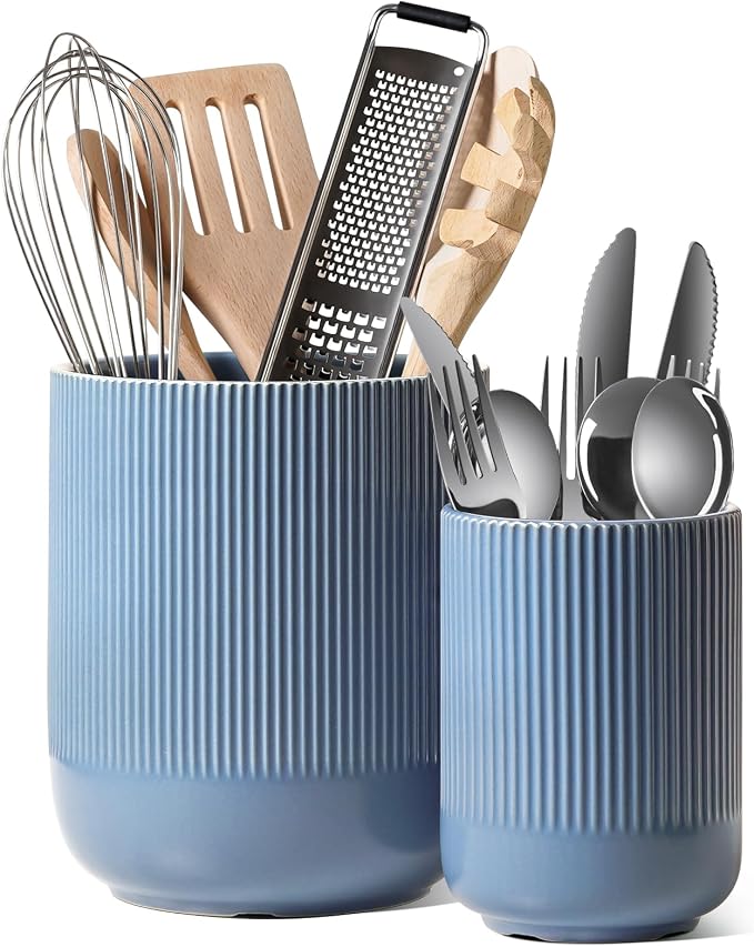 LE TAUCI Utensil Holder for Kitchen Counter, 7.3"+5.4" Fluted Ceramic Utensil Crock Organizer for Countertop, Heavy Large Holder for Spatulas, Spoons, Set of 2, Dusty Blue