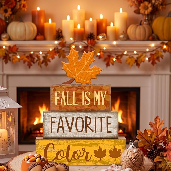Lineshading 4 Pcs Fall Wooden Block Signs Farmhouse Tabletop Maple Leaf | Rustic Tiered Tray Decor, Stackable Autumn Blocks with Maple Leaf Cutout, Gift for Farmhouse Table Centerpiece Display