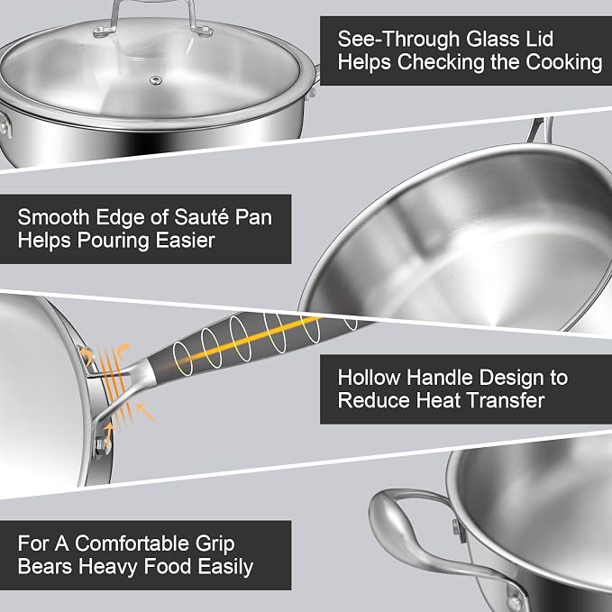 EWFEN 12 Inch Tri-Ply Stainless Steel Frying Pan, Compatible with All Cooktops Up to 600℉, Large Frying Pan with lids, Induction-Ready Skillet, Dishwasher and Oven Safe, Even Heat, 12" Pan+Handle+Lid