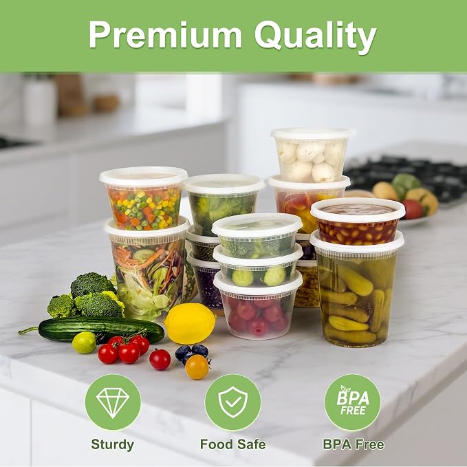 Dipoo 60 Sets (120-Piece) Deli Containers with Lids 8 oz | Leak-Proof & BPA Free Airtight Takeout Plastic Food Storage Containers for Soup, Freezer/Microwave/Dishwasher Safe