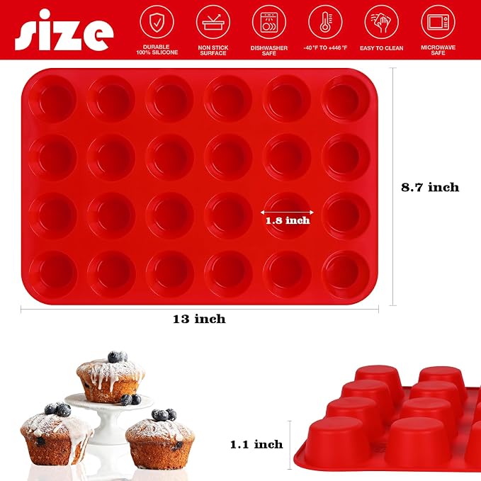 2 Pack Silicone Muffin Pan, Nonsticks 24 Cups Mini Cupcake Pans for Baking Muffin, Egg Bite, Cupcakes and Puddings (Red)